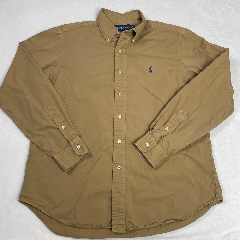 Ralph Lauren Button Down Cotton Men Large Tan Good Classic Fit Pony Logo